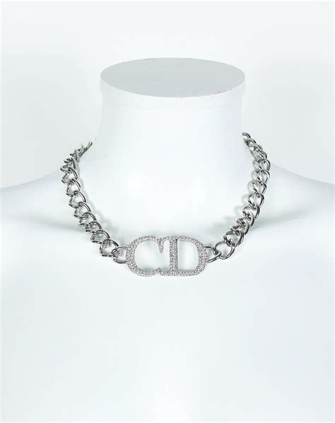 dior monogram bow crystal silver tone necklace|christian Dior necklace.